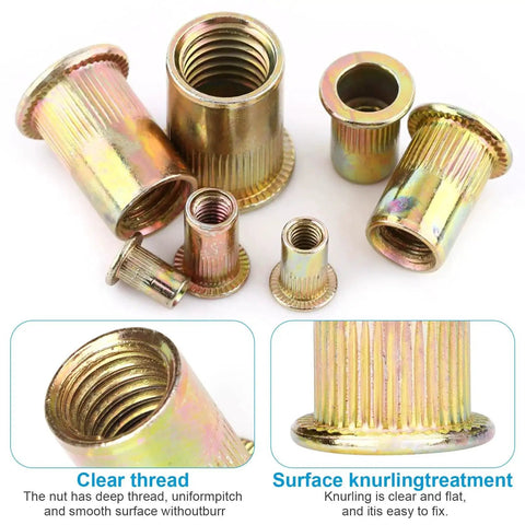 M5 Rivet Nuts 100 Pcs Zinc Plated Carbon Steel Flat Head Rivet Insert showing clear thread and surface knurling