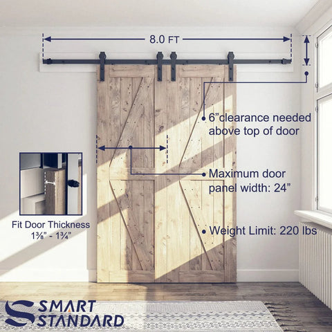 8 Ft Double Barn Door Hardware Kit For 24 Inch Wide Doors Ultra Smooth Quiet Sliding Track With J Shape Hanger Black Finish