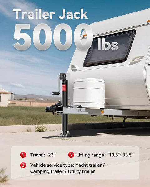 A Frame Trailer Jack 5000 LB Cordless Drill Compatible 23 Inch Lift For RVs installed on a trailer at a campsite.