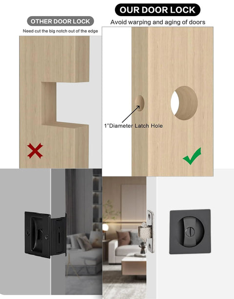 Matte Black Pocket Door Hardware Kit With Privacy Lock For Sliding Doors, Sleek Modern Square Pocket Door Lock And Latch, Fits Standard Door Thickness 1 3 8 To 1 15 16 Inches, For Bathroom And Bedroom, 1 Pack shown installed on door and comparison installation example.