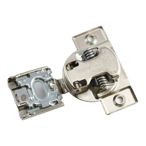 Space-Saving Compact Soft-Close Hinge With Blumotion, 105 Degree Swing, Five-Eighths Overlay, Screw-On Mount, Pack Of Two Hinges For Face Frame Cabinets Blum 38N355B.10, metal hinge close-up view.