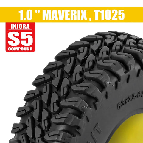 Close-up of 63x22mm 1.0 Inch Maverix MT Tire with silicone insert, featuring aggressive hook tread and S5 compound for RC crawlers.