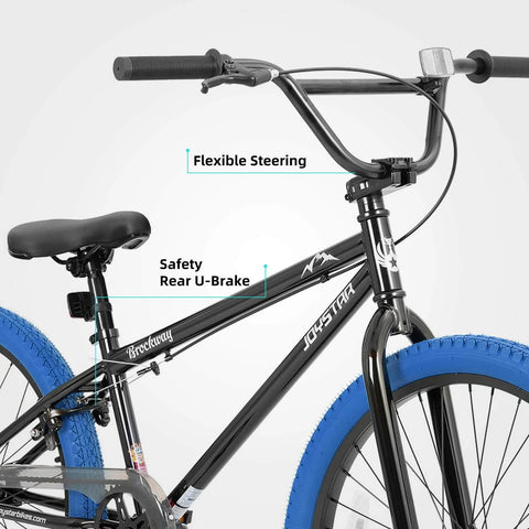 24 Inch Kids Freestyle BMX Bike For Beginners For Boys And Girls Aged 7 To 12, Durable Hi Ten Steel Frame, Blue Tires, Close-up