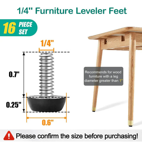 1/4-20 UNC Thread Adjustable Furniture Levelers And Table Feet with dimensions next to a wooden table leg