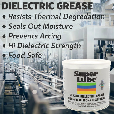 Super Lube silicone dielectric grease tub, 3 oz, white container with multicolor label, industrial factory backdrop.