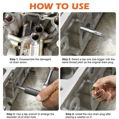 Steps to use the 114 Piece Oil Pan Drain Plug Repair Kit With Six Metric Taps From M13 X 1.25 To M22 X 1.5 And 36 Replacement Plugs