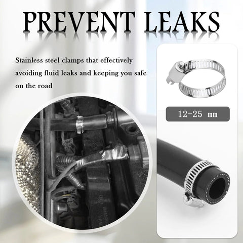 5 ft rubber heater hose with two stainless clamps; black automotive coolant hose, 12–25 mm clamps