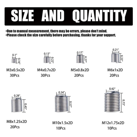 Size chart of Heavy Duty Pro Grade Wire Thread Repair Inserts Kit 304 Stainless Steel Assortment M3 Through M12 Helicoil Style