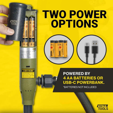 Portable Fuel Transfer Pump With Rubber Hose Battery Or USB C Powered Heavy Duty 4.3 Foot Hose Safety Nozzle showing power options