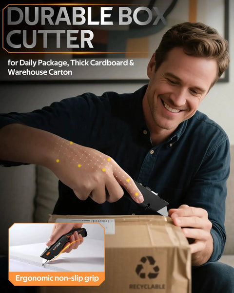 Man using Two In One Retractable Box Cutter with Safety Lock for home and warehouse to open a cardboard box.