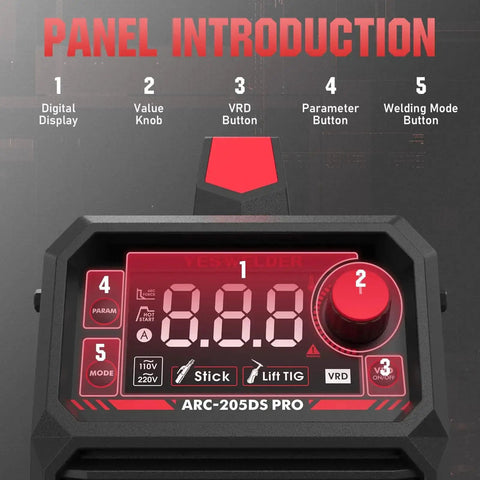 205 Amp Stick Welder Workhorse With Large LED Display showing control panel with buttons and digital screen