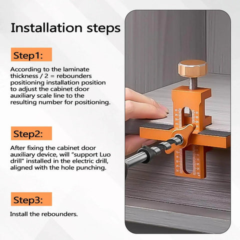 Cabinet Door Install Positioner Jig Aluminum Alloy Adjustable Hinge Alignment Tool for precise cabinet door installation.
