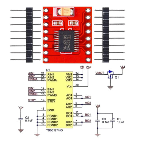 TB6612FNG Dual DC Motor Driver Module with pins and wiring diagram for robotics projects