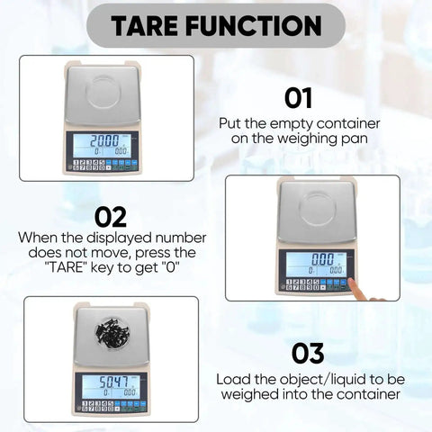 Instructions for using tare function on Pro Grade 0.01g Lab Scale With 5000g Capacity, Gram Counting Balance, RS232 Port, Battery Included.
