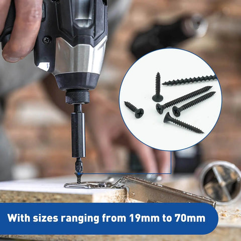 Person using drill with Drywall Screws Assortment Kit, 108 Piece Set With Coarse Thread Self Tapping Phillips Drive, sizes 19mm to 70mm.