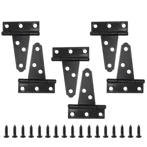 2 Inch T Strap Hinges Six Pack Heavy Duty Black Carbon Steel with screws for barn doors, fences, cabinets, gates, and shutters.
