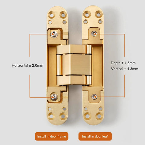 3 Way Adjustable Invisible Door Hinge Concealed Hidden 180 Degree Swing Zinc Alloy Matte Gold Butt Hinge 6.5 X 3.2 X 1.1 Inches For Door Thickness 38mm To 60mm, 88 Lbs Load Per Hinge Hidden Hardware For DIY Home Improvement, shown with installation guide.