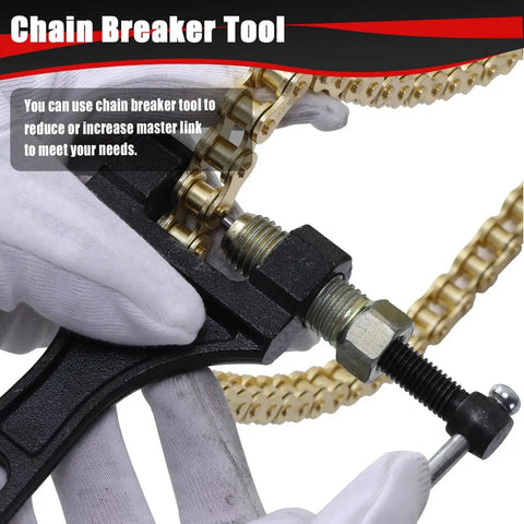 Close-up of chain breaker tool adjusting Gold 420 Drive Chain 102 Link for CRF50F XR50R KLX110 dirt bike and ATV engines
