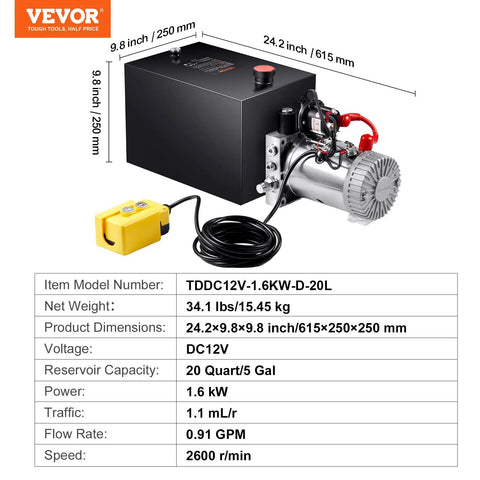 Vevor 20 Quart hydraulic power unit with black control box, silver pump, and yellow handheld remote controller