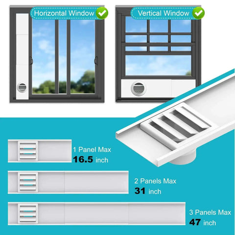 Window Vent Kit for 3 Inch and 4 Inch Ducts, Universal Vent Port With Adjustable Window Seal And Louvered Air Vent Cover shown installed
