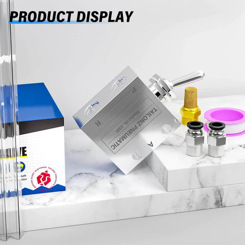 2 Position 3 Way Pneumatic Valve With 1 Eighth Inch NPT Ports, Manual Toggle Actuator HL-2301 displayed with fittings and packaging