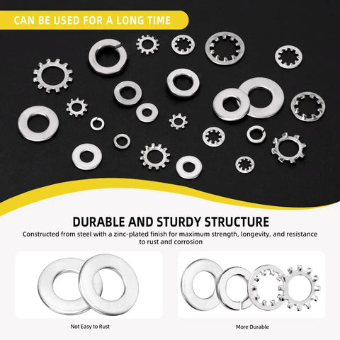 Must Have 400 Piece Stainless Steel Lock Washer Set With Flat, Split, Internal Tooth And External Tooth Washers In Six Sizes