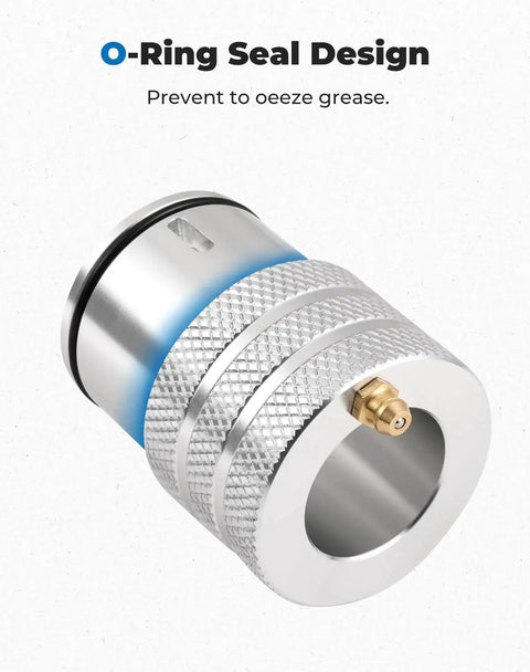 Close-up of 44mm Front And Rear Wheel Bearing Greaser Aluminum UTV Tool With O Ring Sealed Design illustrating grease prevention.