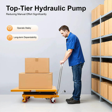 Hydraulic lift table cart, side view, orange platform with stacked boxes on wheels being moved by a worker.