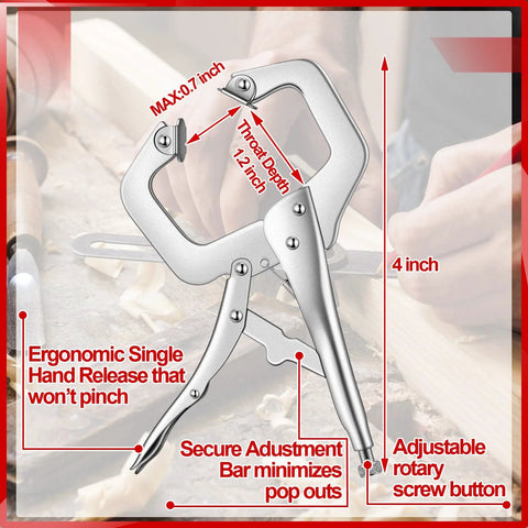 4-inch locking C-clamp pliers with swivel pad; silver metal, adjustable jaw