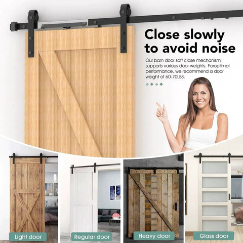 Soft Close Barn Door Hardware Kit With Silent Damper Stops For Flat Track Sliding Doors, multiple door styles shown