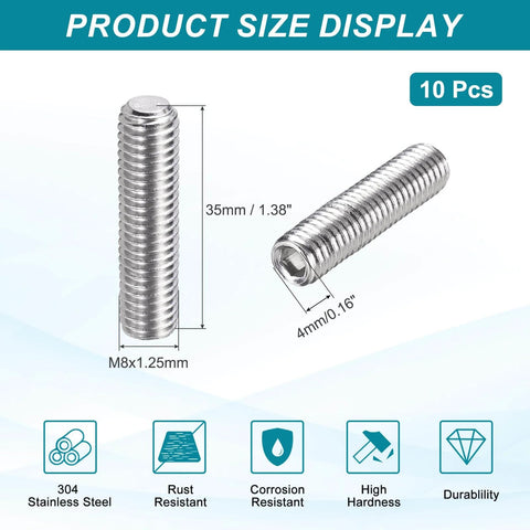 Product size display of 10 Pcs M8-1.25 x 35Mm Grub Screws 304 Stainless Steel Cup Point Allen Head Screws Internal Hex Socket Drive