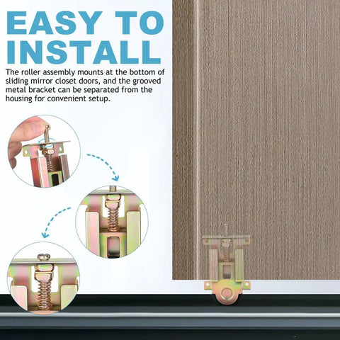 Closet Door Rollers Replacement With Ball Bearing Wheels For Mirror Wardrobe Sliding Doors Adjustable Height 4.72 By 2.36 Inches Universal Fit For Wood And Metal Framed Doors Smooth Gliding Hardware Solution shown installed on door