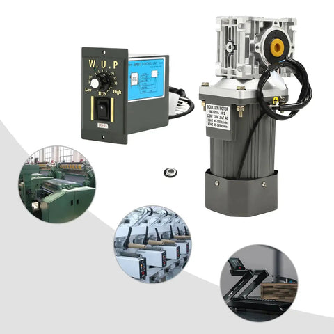 AC 110V Electric Motor With Speed Controller And Worm Gear Reducer, high torque gearbox, includes control panel, aluminum and steel build.
