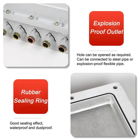 Close-up of Outdoor Electrical Box Waterproof Heavy-Duty Explosion-Proof Junction Box IP66 showing outlets and sealing ring.