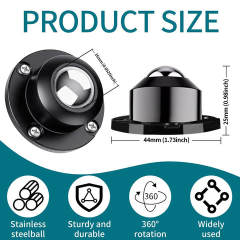Low Profile 1 Inch Caster Wheels For Kitchen Appliances, 360 Degree Swivel Universal Rollers with measurements displayed