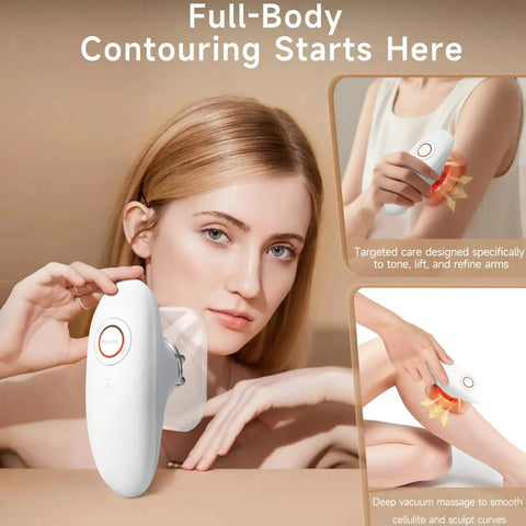 Woman using Three In One At Home Body Sculptor with suction massage and red light therapy on arms and thighs for smoother skin