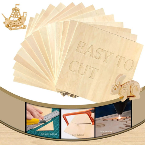 36 Pack Basswood Sheets 12x12x1/8 Inch 3mm For DIY Ornaments And Model Making, displayed with cutting tools and examples