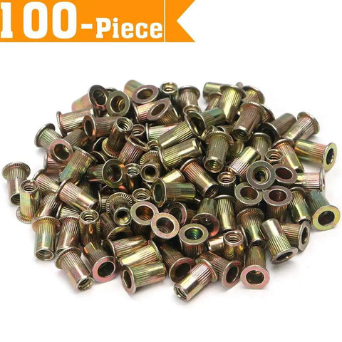 Image of 100 Pcs 1/4-20 Carbon Steel Rivet Nuts Kit SAE Threaded Inserts showing a pile of carbon steel nutserts.