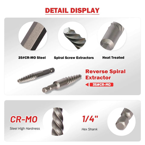 Detail display of Spiral Screw Extractor Set With Tungsten Carbide Tip Scriber Pen Left Hand Drill Bits In Cobalt HSS Steel