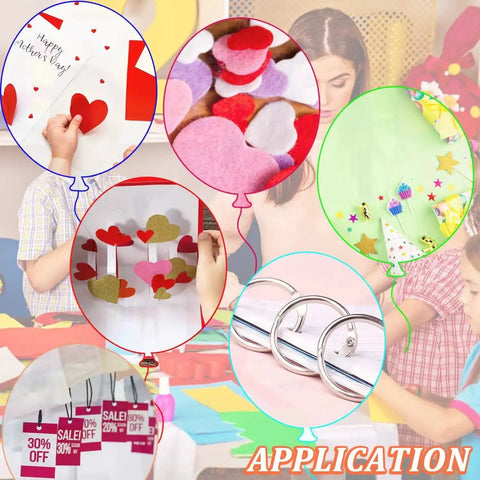 Applications of Five Piece Handheld Paper Punch Set for DIY crafts, scrapbooking, card making, and gift tags with heart, circle, star shapes.