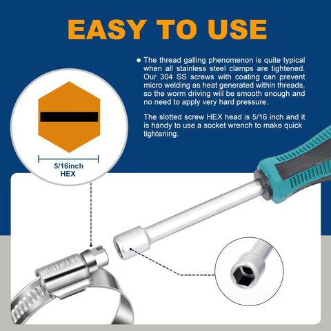 Steelsoft heavy-duty hose clamp Size #6 (1/2–3/4 in), stainless steel 304; worm-drive clamp with 5/16 in hex head and teal-handled driver