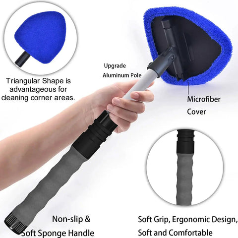 Hand holding extendable windshield cleaning tool with microfiber pad, soft grip, ergonomic design, and aluminum pole.