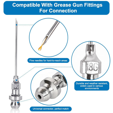 5-piece grease gun needle kit with chrome fittings, includes dispenser needle, rubber coupler, tip, two nozzles