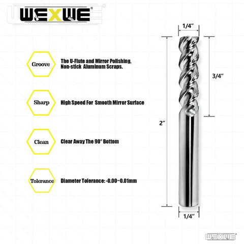 High Finishing Carbide End Mill For Aluminum And Copper Cutting With U Type Design Square Milling Cutter 3 Flute Bits Set One Quarter Inch Shank Two Inch Length WEXWE Tools displayed in diagram with measurements and features.
