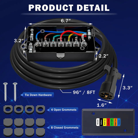 7 Way Trailer Wiring Harness Kit With 8 Ft Cord And Junction Box Premium 7 Pin Trailer Plug with junction box and wires.