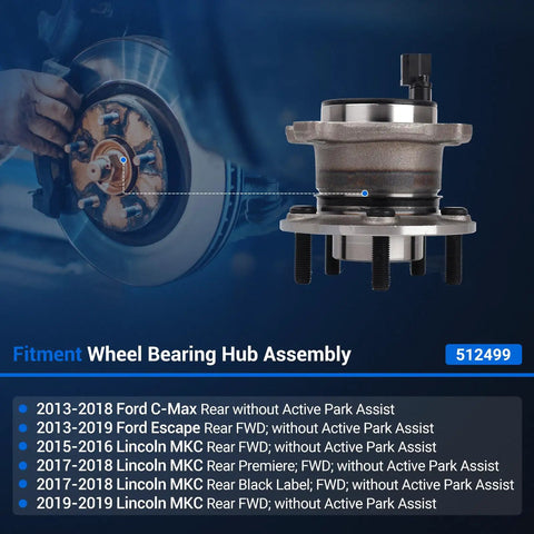 Rear Wheel Bearing And Hub Assembly 512499 For Ford Escape 2013 To 2019, C Max 2013 To 2018, Lincoln MKC 2015 To 2019, 5 Lug With ABS Sensor