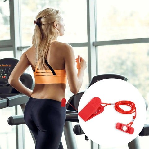 Woman using treadmill with inset of Two Pack Treadmill Magnet Safety Keys Universal Emergency Stop Magnetic Switch For Treadmills Running Machines 1.57 X 0.59 Inch Rectangular Replacement Keys Easy Fit For Quick Replacements.