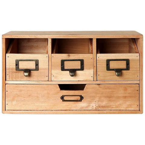 Wooden cabinet with drawers featuring set of 20 antique iron cup pull handles in bronze tone finish with subtle label frames.