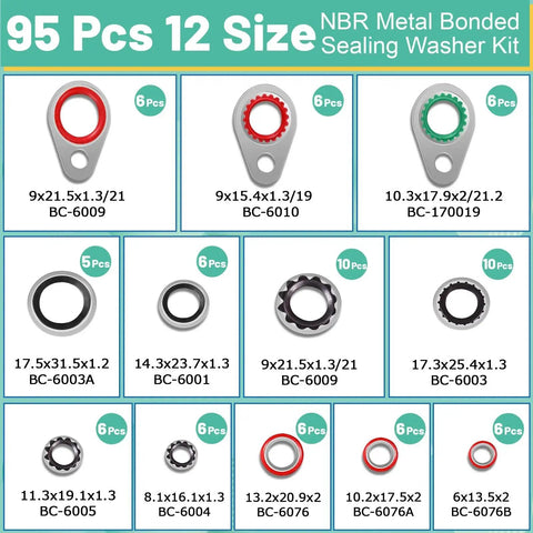 Premium 95 Piece AC Compressor Gasket Seal Kit With 12 Sizes for automotive air conditioning systems, includes detailed size chart.