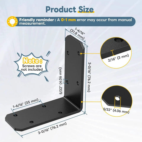 Diagram of Beefy Heavy Duty 3x3x1.2 Inch L Bracket Set 90 Degree Corner Braces dimensions for wood posts, shelves, cabinets.